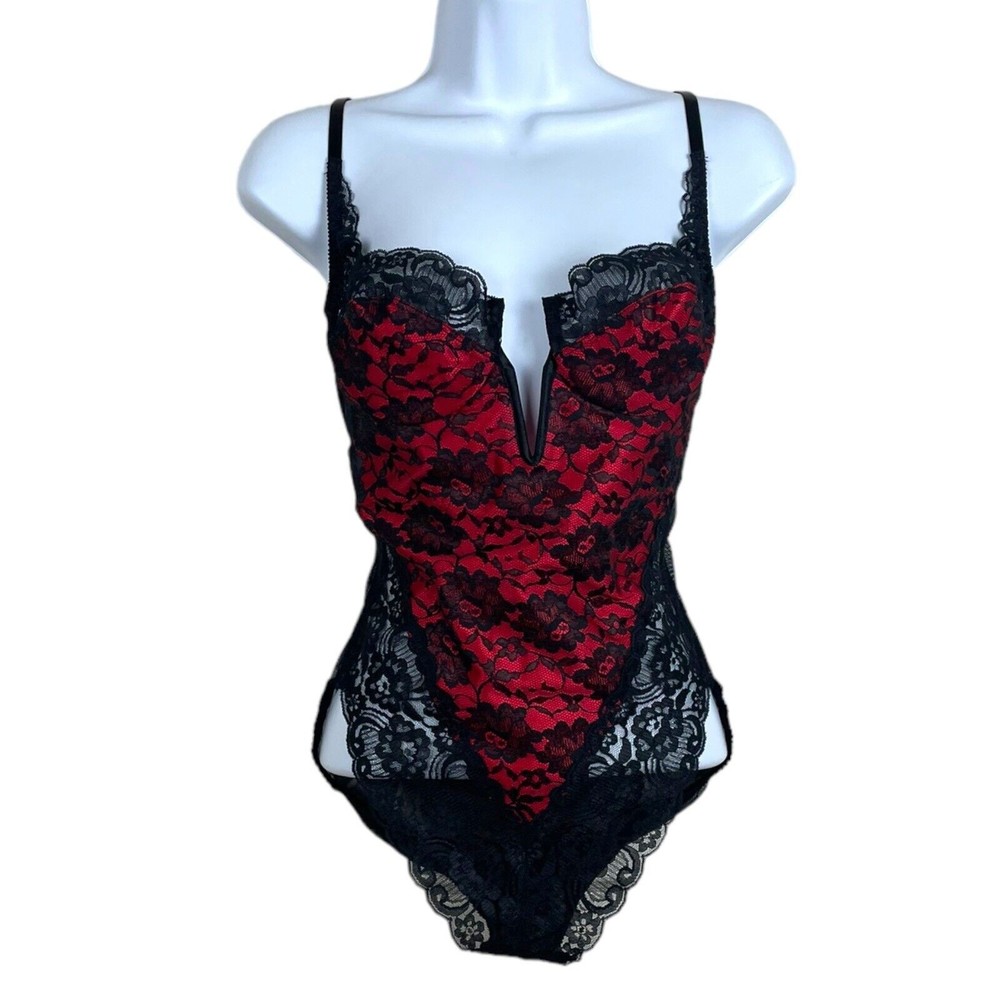 VTG Victoria's Secret Large One Piece Lingerie Teddy Red Black Lace Floral Sexy